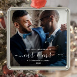 First Christmas as Mr and Mr LGBTQ Keepsake Metal Ornament<br><div class="desc">Commemorate the first Christmas of your marriage with this beautiful modern keepsake ornament. The white text reads "Our first Christmas as Mr & Mr, " with the words "Mr & Mr" in elegant handwriting script with flourishes before and after. Replace the sample image with your favourite photo, and add your...</div>