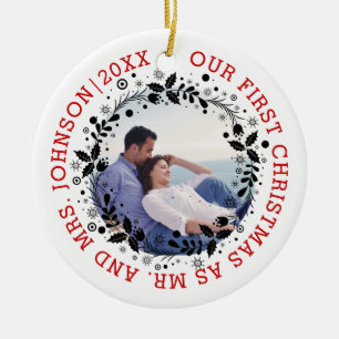First Christmas as Mr and Mrs black wreath photo Ceramic Ornament