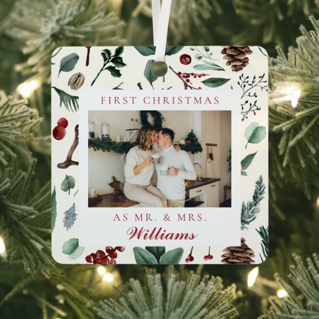 First Christmas as Mr. and Mrs. Botanical Photo Metal Ornament (Insitu)