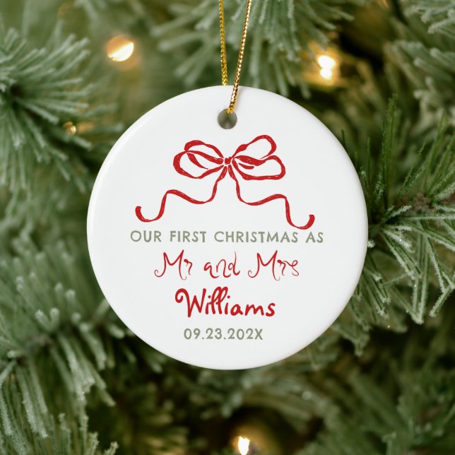 First Christmas As Mr and Mrs Custom Bow Ceramic Ornament (Tree)
