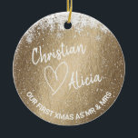 First Christmas as Mr and Mrs gold Ornament<br><div class="desc">Personalized Christmas ornament with "Our first xmas as Mr and Mrs" lettering on the front. Gold background looks very festive with white snowflakes frame! All text is editable. If you need to make futher changes to the design,  click on "Customize futher"</div>