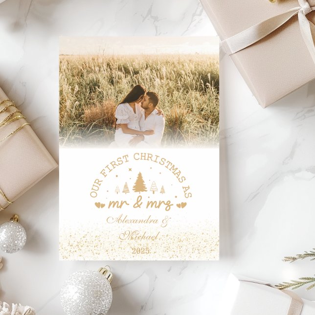 First Christmas as Mr and Mrs gold photo Holiday Card (Creator Uploaded)