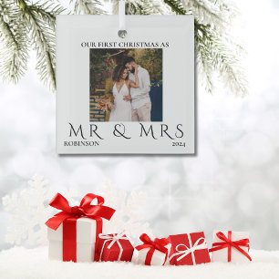 First Christmas As Mr and Mrs Modern Couple Photo Glass Ornament