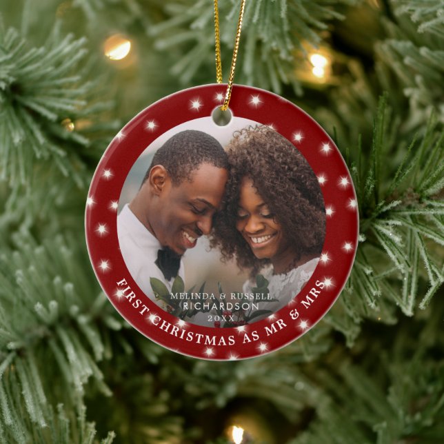 FIRST CHRISTMAS AS MR AND MRS Photo Fairy Lights Ceramic Ornament (Tree)