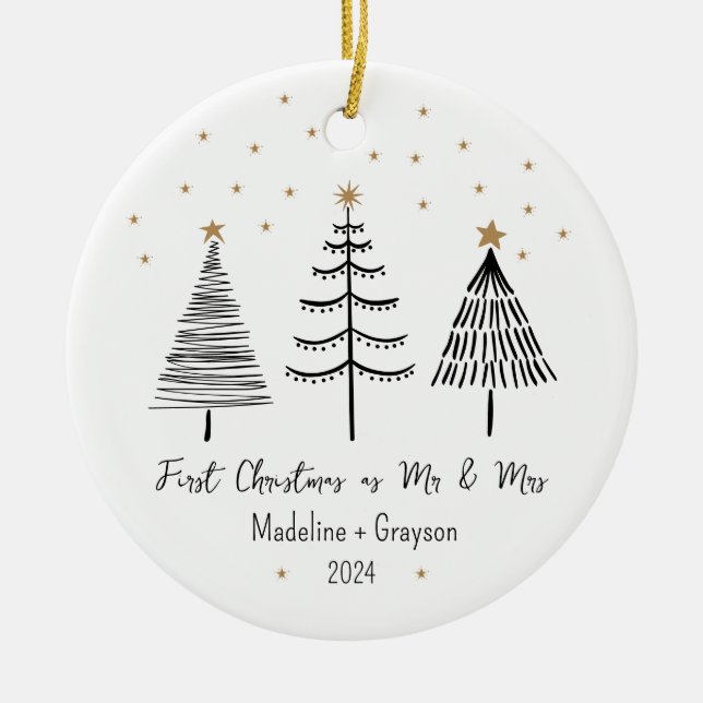 First Christmas as Mr and Mrs Photo Pine Tree Ceramic Ornament (Front)