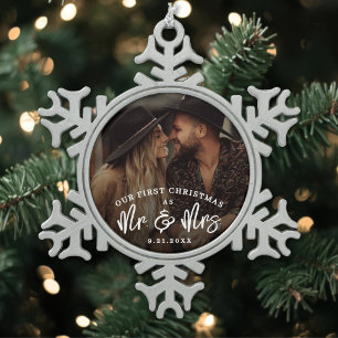 First Christmas As Mr And Mrs Photo Snowflake Pewter Christmas Ornament