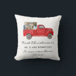 First Christmas As Mr and Mrs Red Truck New Home Throw Pillow<br><div class="desc">New home keepsake for newlyweds Christmas ornament featuring a vintage red truck all loaded up and ready for new adventures. Easy to customize with your details by clicking the "Personalize" button above.</div>