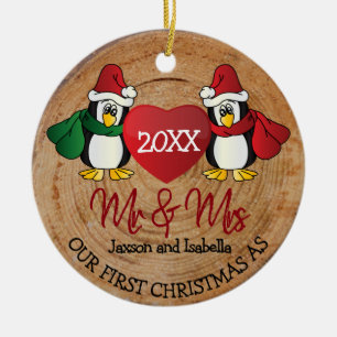 First Christmas as Mr and Mrs - Rustic Log Ceramic Ornament