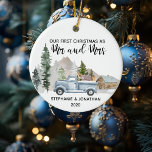 First Christmas as mr and Mrs Truck Rustic Ceramic Ornament<br><div class="desc">This design was created though digital art. It may be personalized in the area provided or customizing by changing the photo or added your own words. Contact me at colorflowcreations@gmail.com if you with to have this design on another product. Purchase my original abstract acrylic painting for sale at www.etsy.com/shop/colorflowart. See...</div>