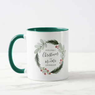 First Christmas as Mr and Mrs Wreath Holiday Mug