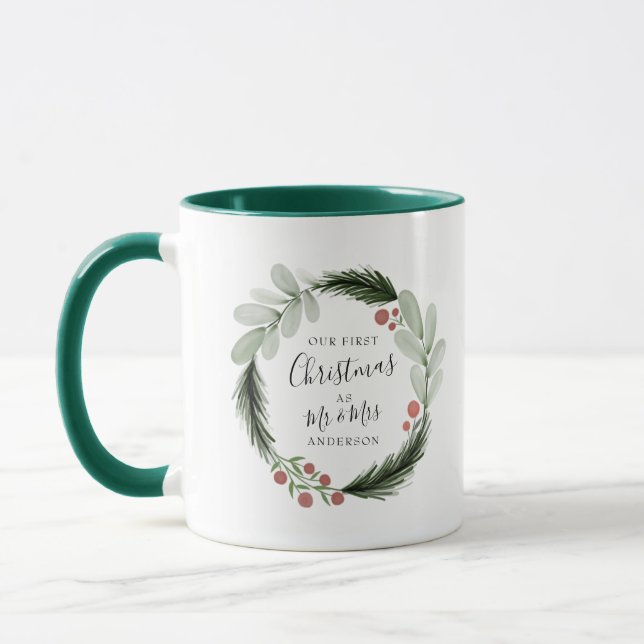 First Christmas as Mr and Mrs Wreath Holiday Mug (Left)