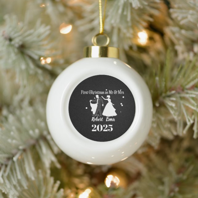 First Christmas As Mr & Mrs 2025 Personalized Ceramic Ball Christmas Ornament (Tree)