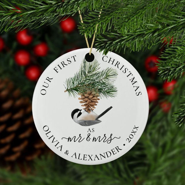 First Christmas As Mr & Mrs Chickadee on Pinecone Ceramic Ornament (Creator Uploaded)
