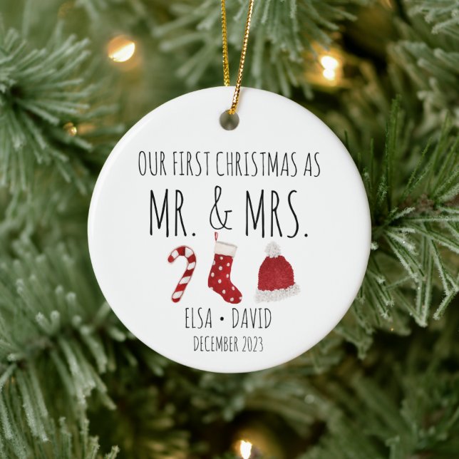 First Christmas as Mr. & Mrs. Christmas Stocking Ceramic Ornament (Tree)