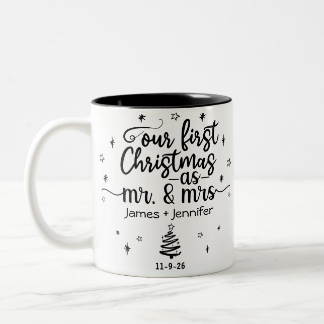 First Christmas as Mr & Mrs Custom Photo & Name Two-Tone Coffee Mug (Left)