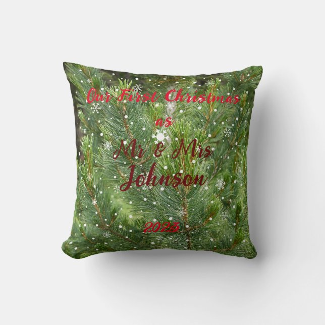 First Christmas as Mr & Mrs editable names & date  Throw Pillow (Front)