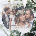 First Christmas as Mr & Mrs • Elegant 2 Photo Ornament<br><div class="desc">Celebrate a joyful 1st holiday as a married couple with an elegant custom photo "Our First Christmas as Mr. & Mrs." oval acrylic ornament. The pictures and all wording on this template are simple to personalize. The black and white overlay design features simple elegant script calligraphy, modern minimalist typography names...</div>