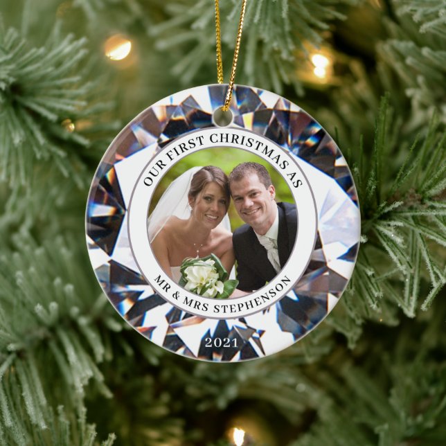 FIRST CHRISTMAS AS MR MRS Elegant Diamond 2 Photo Ceramic Ornament (Tree)