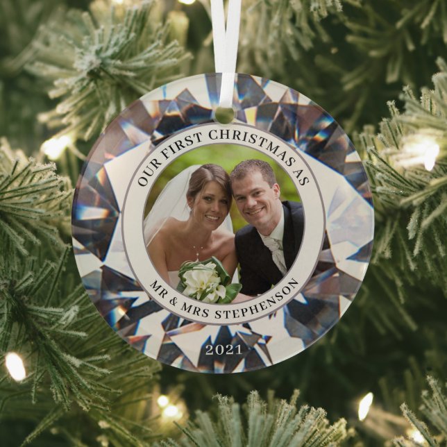 FIRST CHRISTMAS AS MR MRS Elegant Diamond Photo Glass Ornament (Insitu)