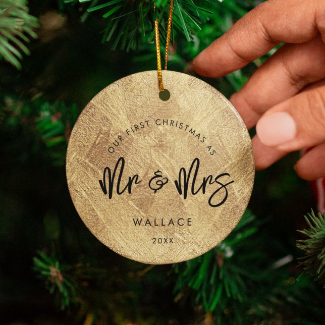 First Christmas as Mr & Mrs Faux Gold Photo Ceramic Ornament (Creator Uploaded)