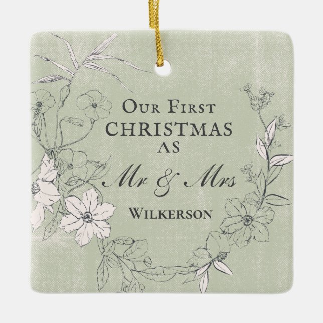 First Christmas as Mr & Mrs Floral Inspirational Ceramic Ornament (Front)