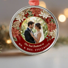 First Christmas as Mr. & Mrs. Floral Photo Metal Ornament