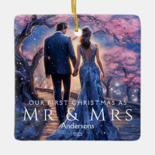 First Christmas As Mr & Mrs Modern Photo Couple Ceramic Ornament