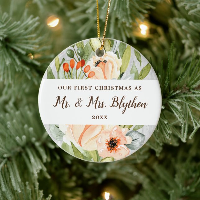 First Christmas As Mr Mrs Personalized Greenery Ceramic Ornament (Tree)