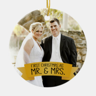First Christmas as Mr. & Mrs. Photo Ceramic Gold Ornament