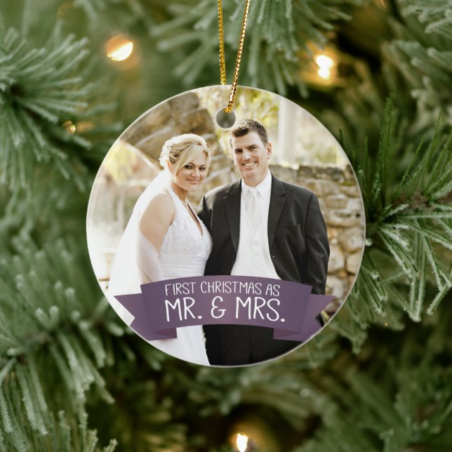 First Christmas as Mr. & Mrs. Photo Dark Purple Ceramic Ornament (Tree)