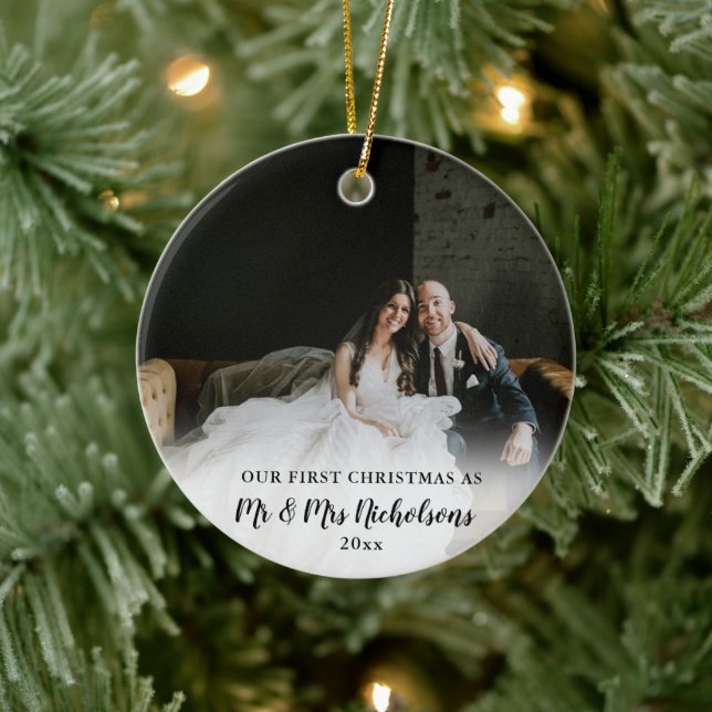 First Christmas As Mr & Mrs Photo Overlay Ceramic Ornament (Tree)