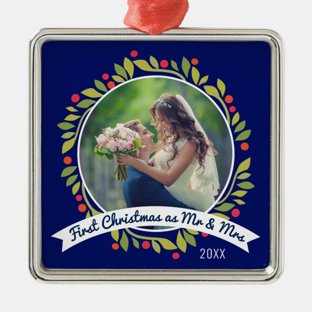 First Christmas as Mr & Mrs Photo | Wreath on Blue Metal Ornament (Front)