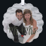 First Christmas as Mr Mrs script photo name green Ornament Card<br><div class="desc">Modern funny dark red and green script first Christmas together as Mr. and Mrs. keepsake tree ornament card template. Easy to personalize on the backside with your text,  names,  and date.</div>