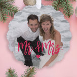 First Christmas as Mr & Mrs script photo name Ornament Card<br><div class="desc">Modern funny pink script first Christmas together as Mr. and Mrs. keepsake tree ornament card template. Easy to personalize on the backside with your text,  names,  and date.</div>