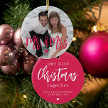 First Christmas as Mr & Mrs script photo name pink Ceramic Ornament<br><div class="desc">Upload your favourite wedding photo (preferably square),  insert your text,  names,  and date,  and make these trendy modern pink Christmas tree ornament a keepsake gift to remind you of your first Christmas together as Mr. and Mrs.!</div>