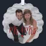 First Christmas as Mr & Mrs script photo name red Ornament Card<br><div class="desc">Modern funny dark red burgundy script first Christmas together as Mr. and Mrs. keepsake tree ornament card template. Easy to personalize on the backside with your text,  names,  and date.</div>