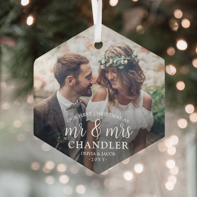 First Christmas as Mr & Mrs ∙ Simple Photo Hexagon Glass Ornament (Creator Uploaded)
