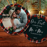 First Christmas as Mr & Mrs Tartan Plaid Photo Ceramic Ornament<br><div class="desc">First Christmas as Mr and Mrs newlywed photo ornament, personalized with a photo, lastname and the year. The design is double sided and features tartan plaid frames with hand lettering. The photo template displays your picture as a round shape and the other side is lettered with "our first christmas as...</div>
