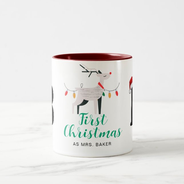 First Christmas As Mrs. Family Monogrammed Name Two-Tone Coffee Mug (Center)