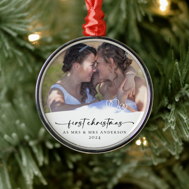 First Christmas As Mrs & Mrs Photo Keepsake Metal Ornament (Tree)