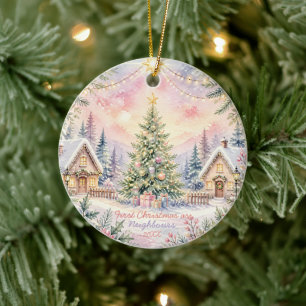 First Christmas As Neighbours Cute Illustration Ceramic Ornament