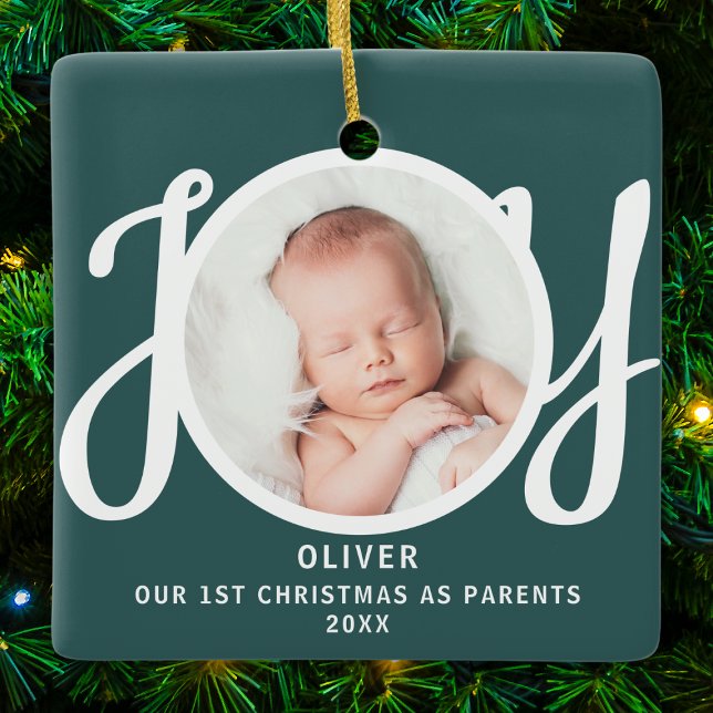 First Christmas As Parents Photo Green Keepsake Ceramic Ornament (Creator Uploaded)