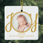 First Christmas As Parents Photo Keepsake Ceramic Ornament<br><div class="desc">This keepsake First Christmas As Parents photo ornament is decorated with the word JOY in gold,  stylish script typography on a white background. Easily customizable.</div>