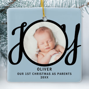 First Christmas As Parents Photo Pale Blue Joy Ceramic Ornament