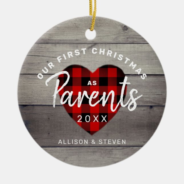 First Christmas As Parents Rustic Personalized Ceramic Ornament (Front)