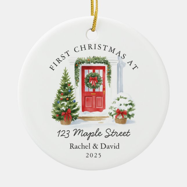 First Christmas at New Address – Red Door  Ceramic Ornament (Front)