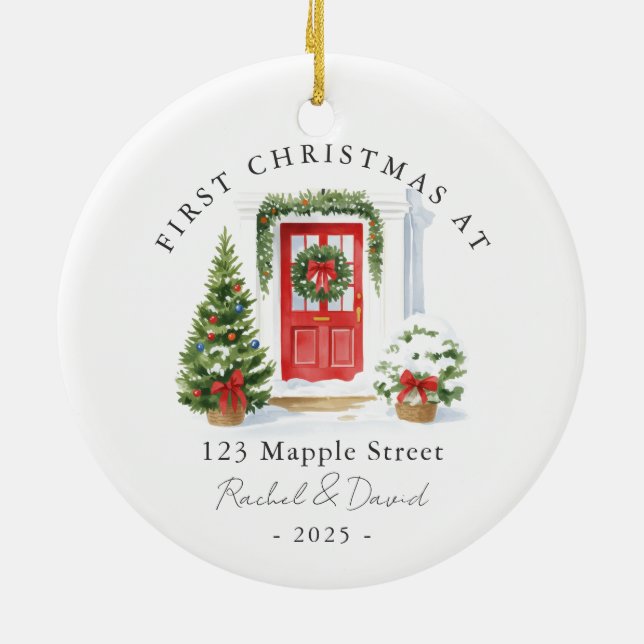 First Christmas at New Address Red Door Ceramic Ornament (Back)