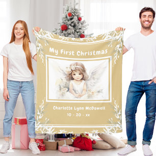 First Christmas Baby Angel Gold & White Christmas  Fleece Blanket