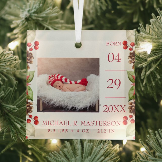First Christmas Baby Birth Stats Photo Glass Ornament (Insitu)