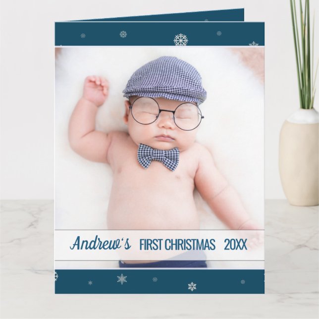 First Christmas baby boy blue snowflake Card (Front)